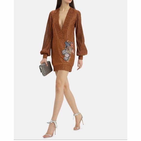 PatBo Lurex Embellished Deep V Neck Tunic Mini Dress Size XS Copper - Picture 5 of 15